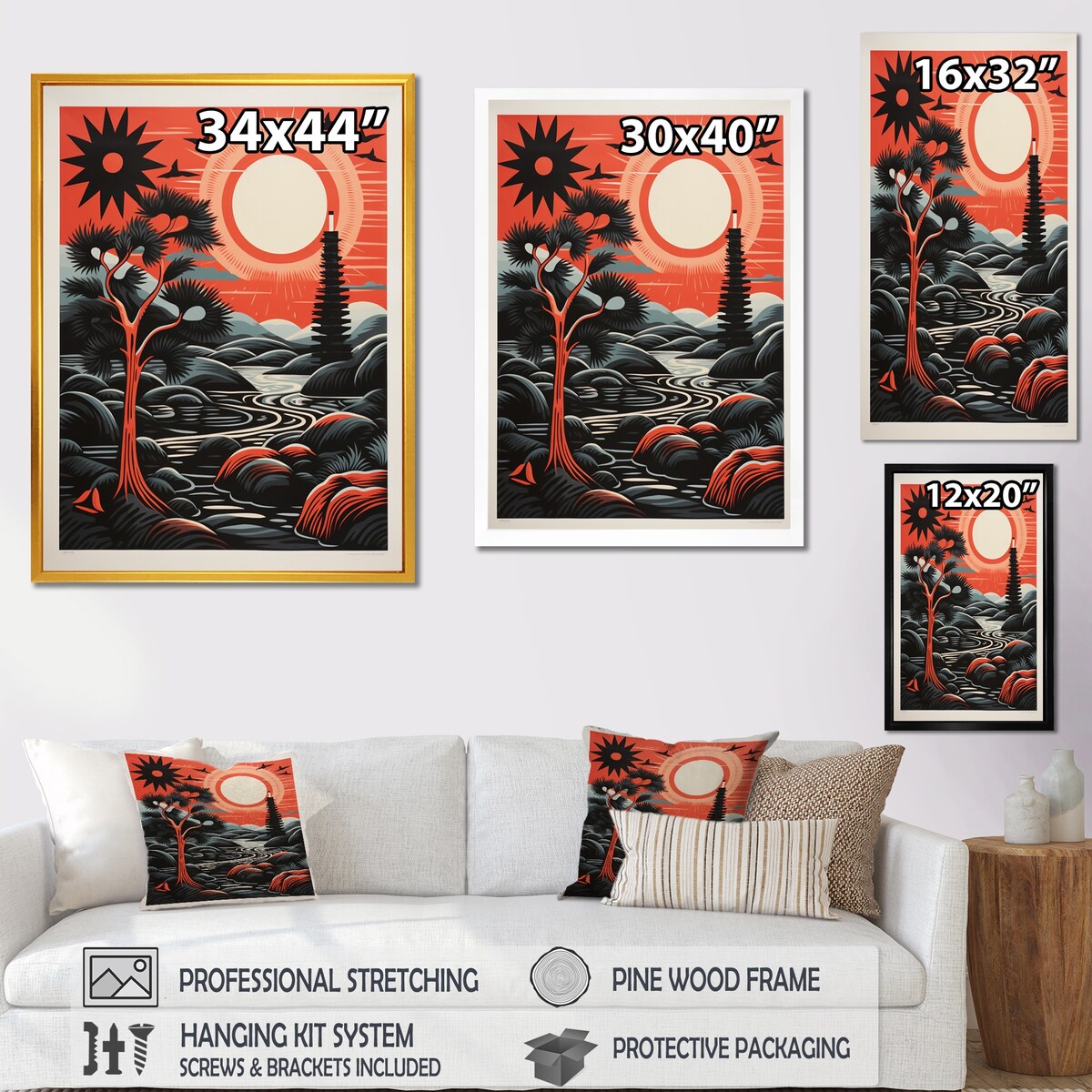 Designart "Retro Full Moon Landscape In Red And Black" Animals Owl Framed Canvas Wall Art