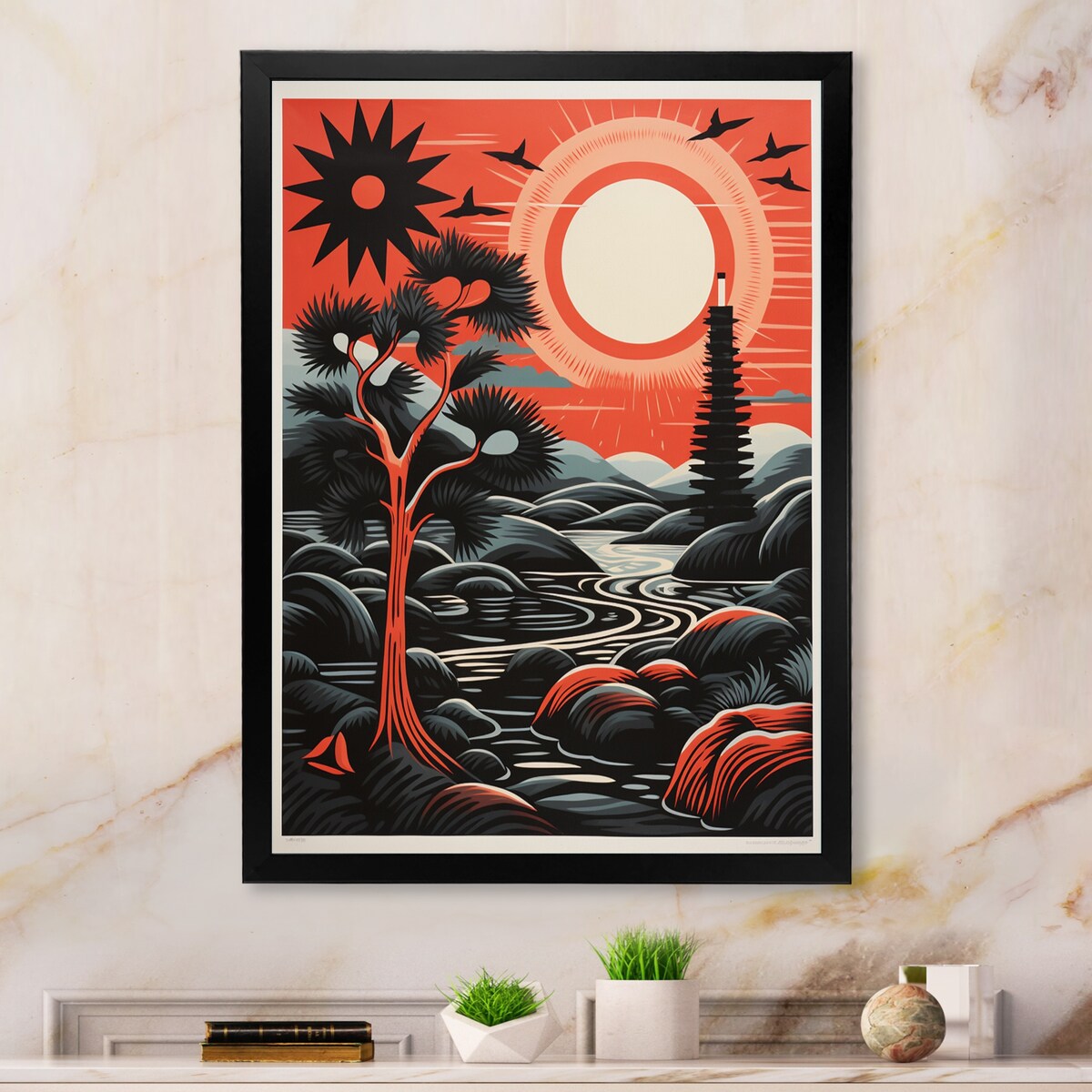 Designart "Retro Full Moon Landscape In Red And Black" Animals Owl Framed Canvas Wall Art