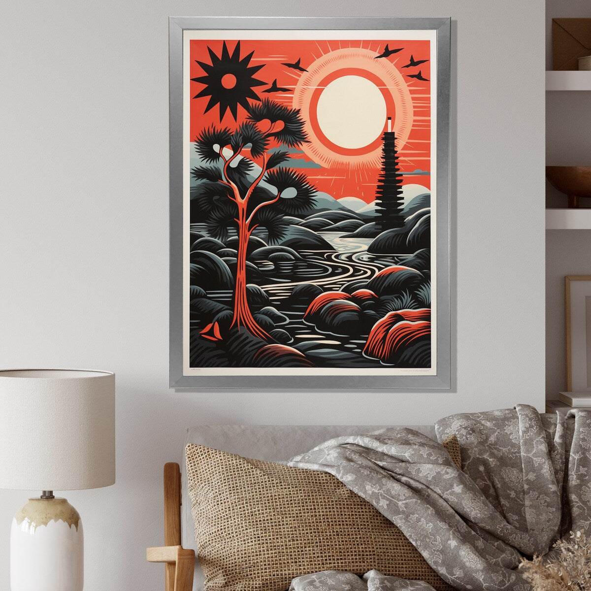 Designart "Retro Full Moon Landscape In Red And Black" Animals Owl Framed Canvas Wall Art