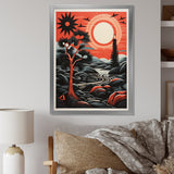 Designart "Retro Full Moon Landscape In Red And Black" Animals Owl Framed Canvas Wall Art