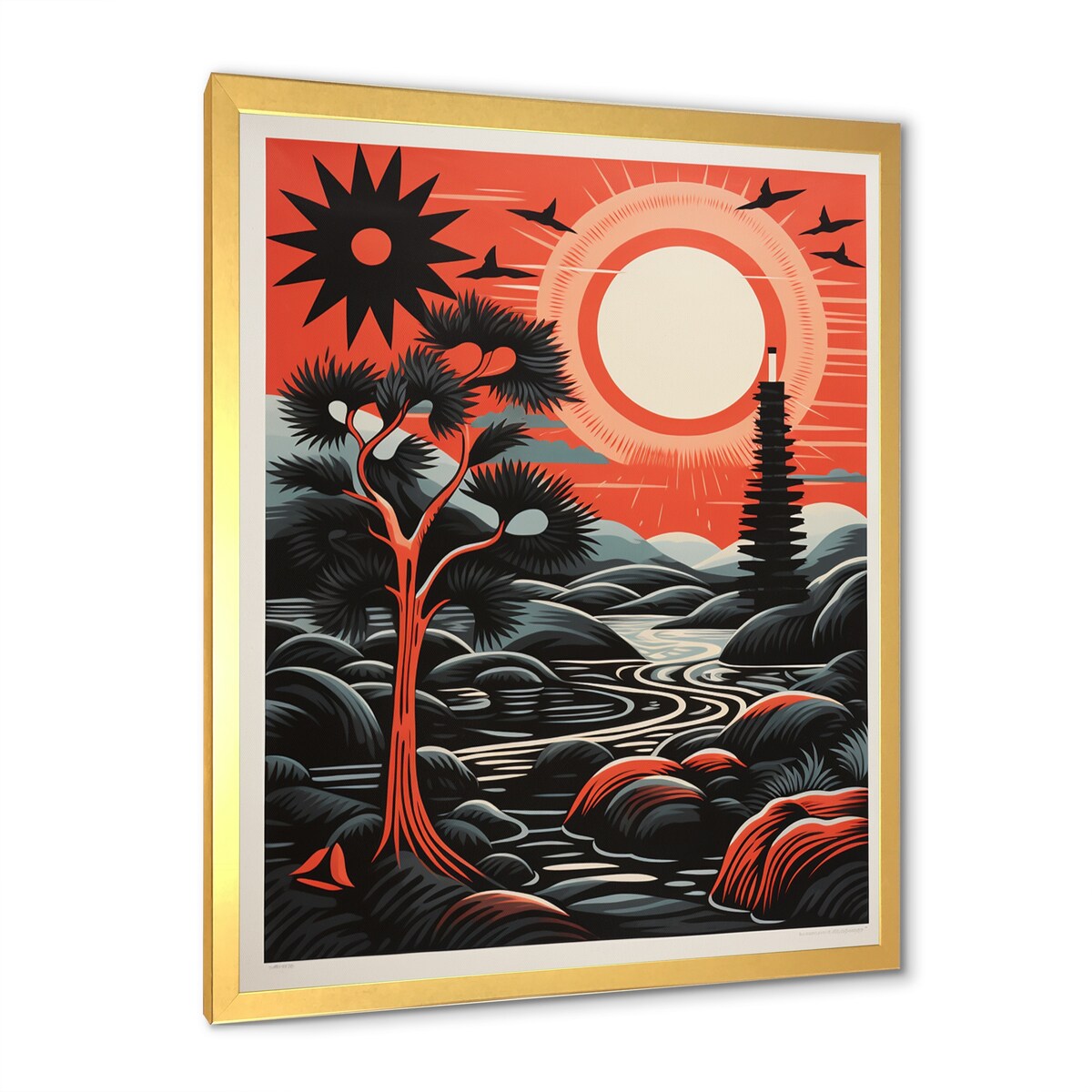 Designart "Retro Full Moon Landscape In Red And Black" Animals Owl Framed Canvas Wall Art