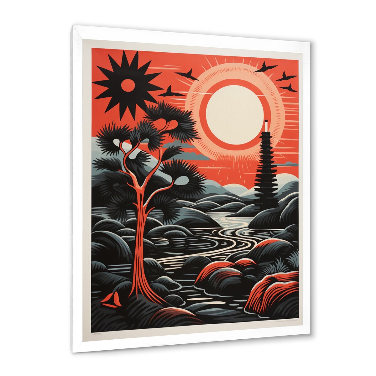 Designart "Retro Full Moon Landscape In Red And Black" Animals Owl Framed Canvas Wall Art
