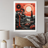 Designart "Retro Full Moon Landscape In Red And Black" Animals Owl Framed Canvas Wall Art