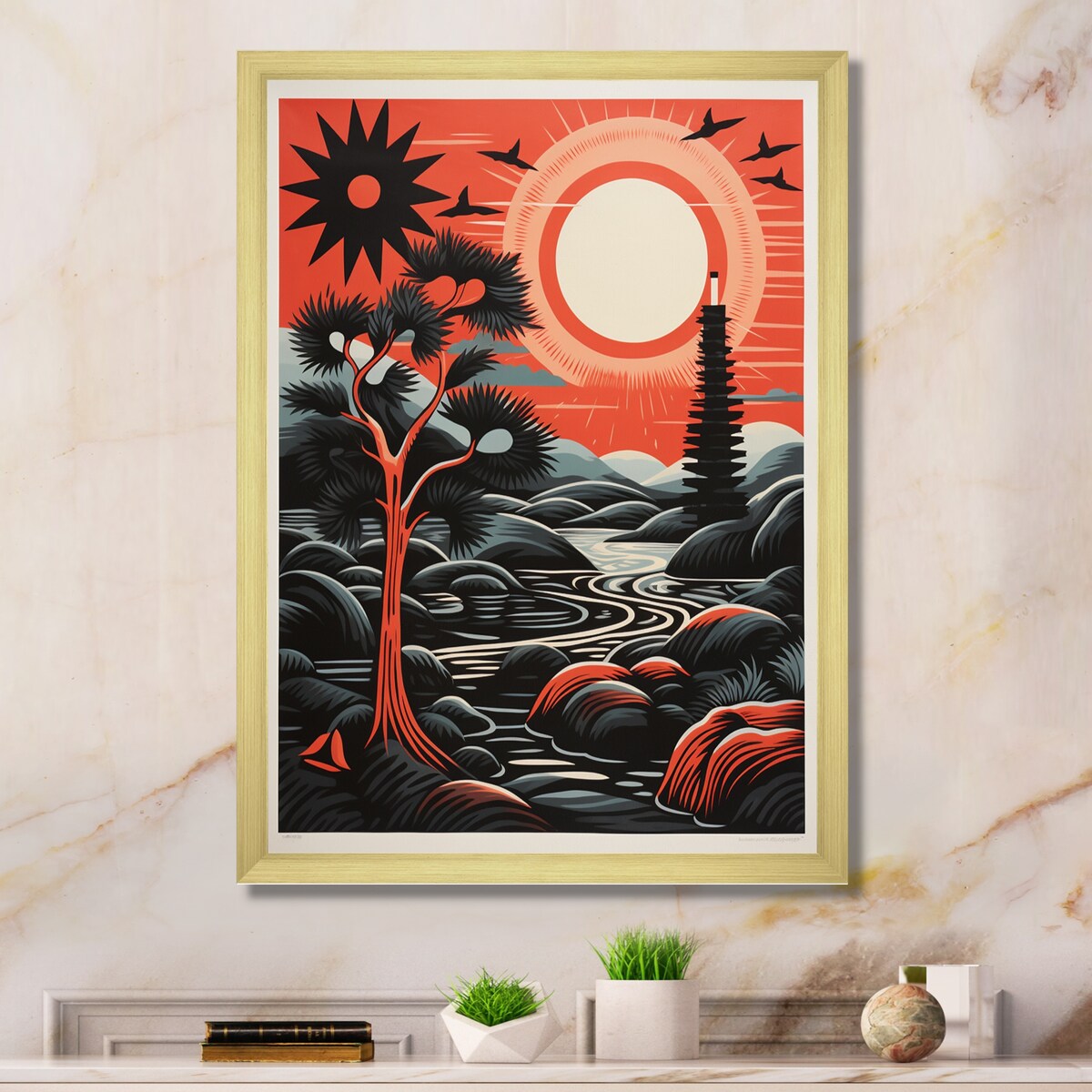 Designart "Retro Full Moon Landscape In Red And Black" Animals Owl Framed Canvas Wall Art