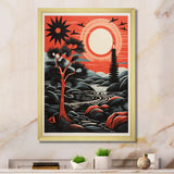 Designart "Retro Full Moon Landscape In Red And Black" Animals Owl Framed Canvas Wall Art