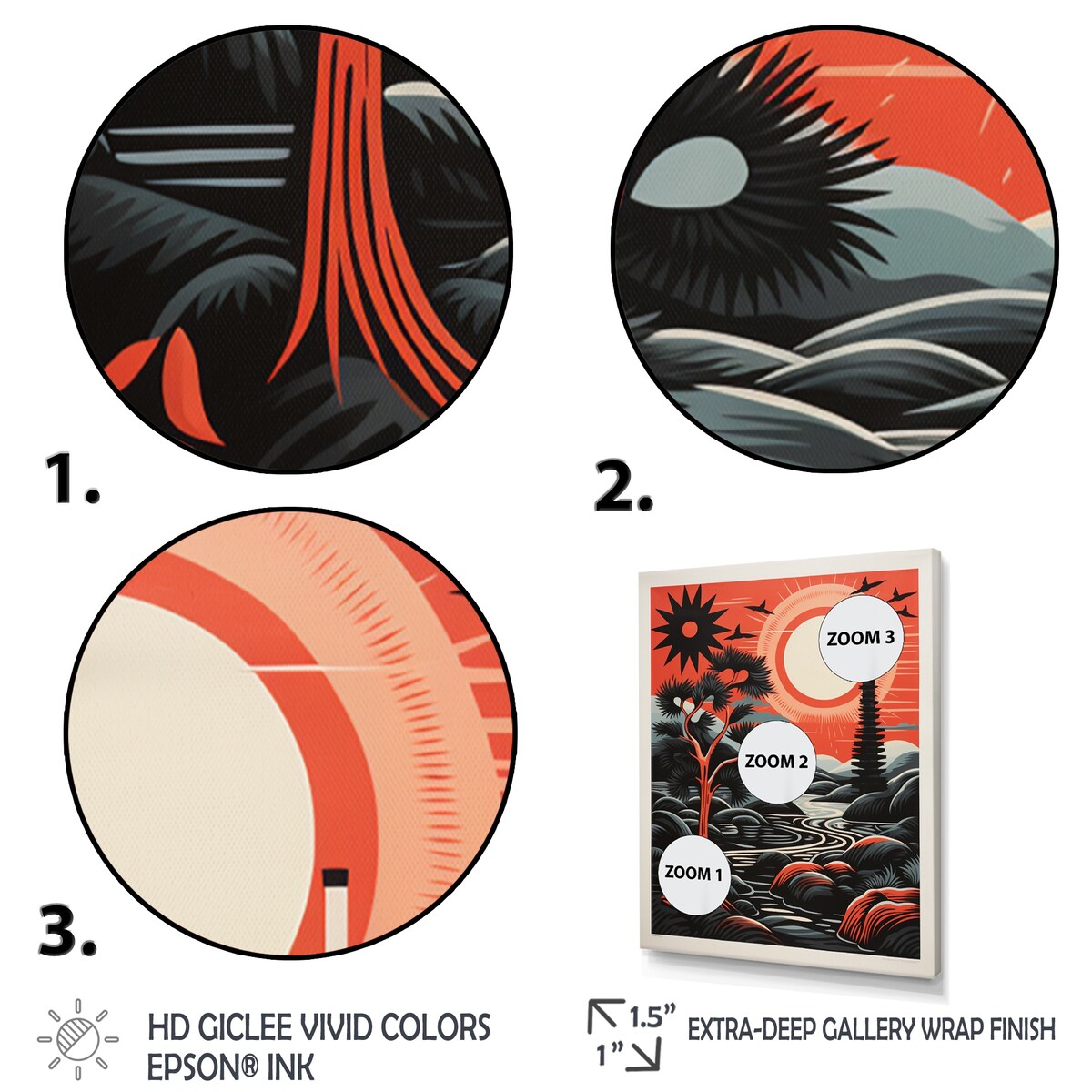 Designart "Retro Full Moon Landscape In Red And Black" Animals Owl Framed Canvas Wall Art