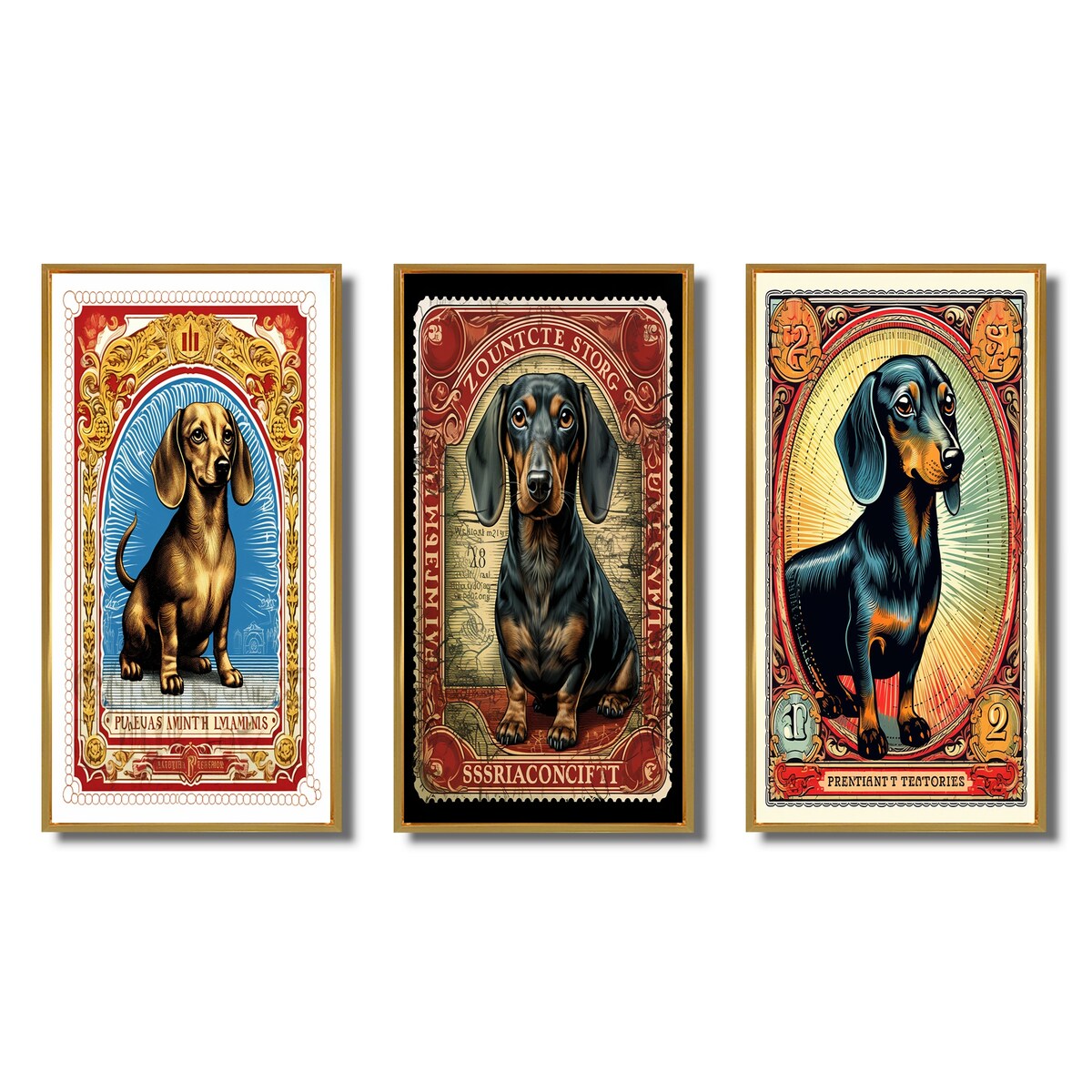 Designart "Retro Stamp Illustration Of Cute Dachshund IV" Animals Dog Daschund Frame Gallery Set Of 3 For Office Decor
