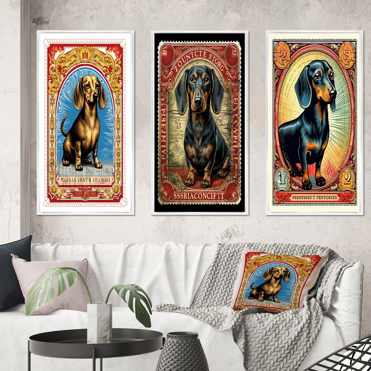 Designart "Retro Stamp Illustration Of Cute Dachshund IV" Animals Dog Daschund Frame Gallery Set Of 3 For Office Decor