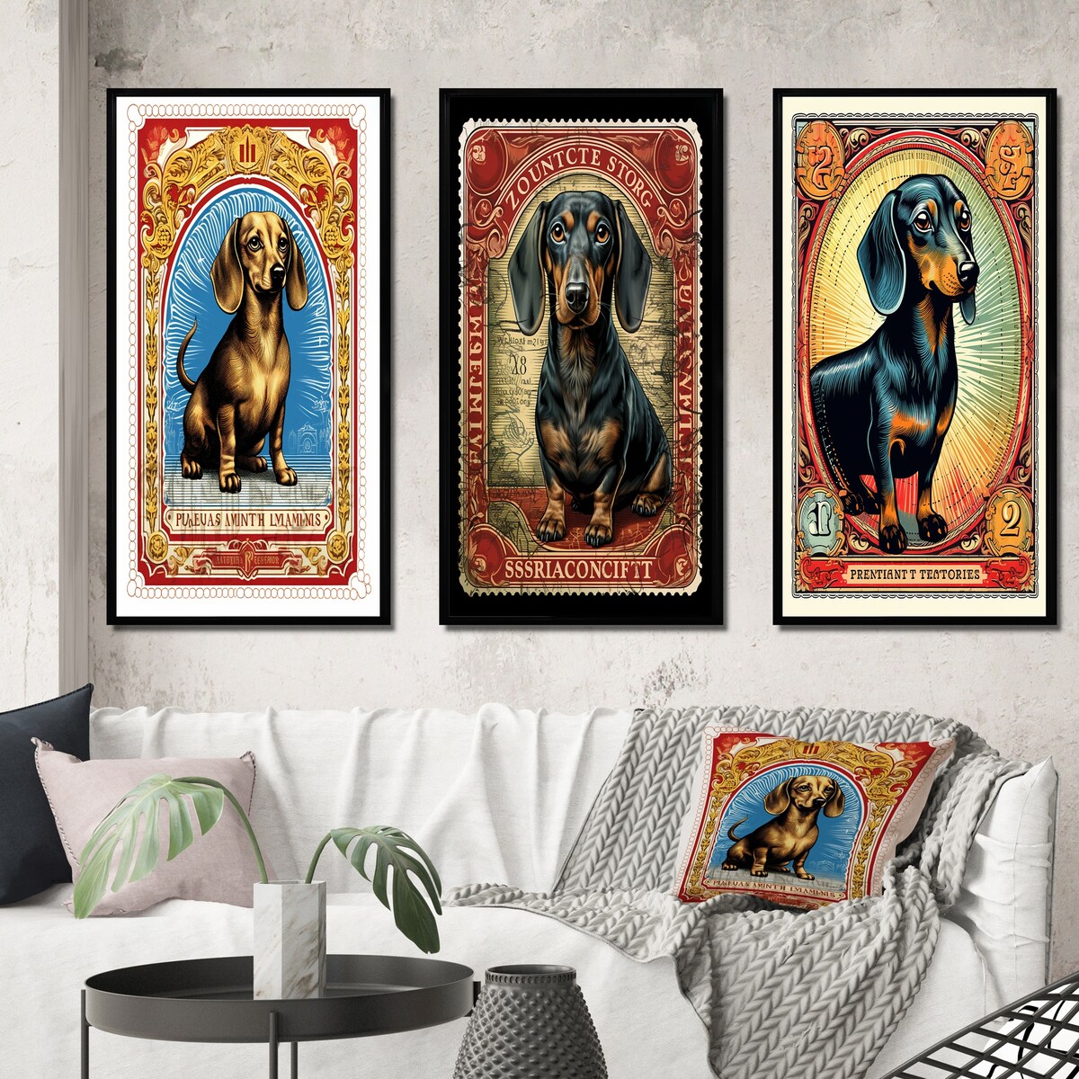 Designart "Retro Stamp Illustration Of Cute Dachshund IV" Animals Dog Daschund Frame Gallery Set Of 3 For Office Decor