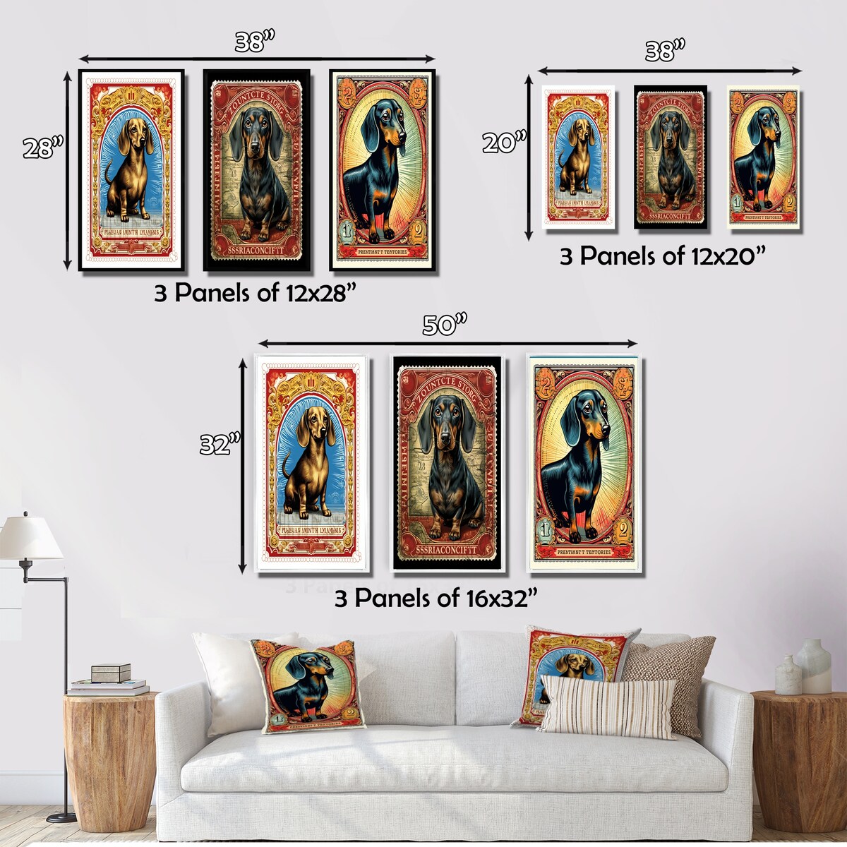 Designart "Retro Stamp Illustration Of Cute Dachshund IV" Animals Dog Daschund Frame Gallery Set Of 3 For Office Decor