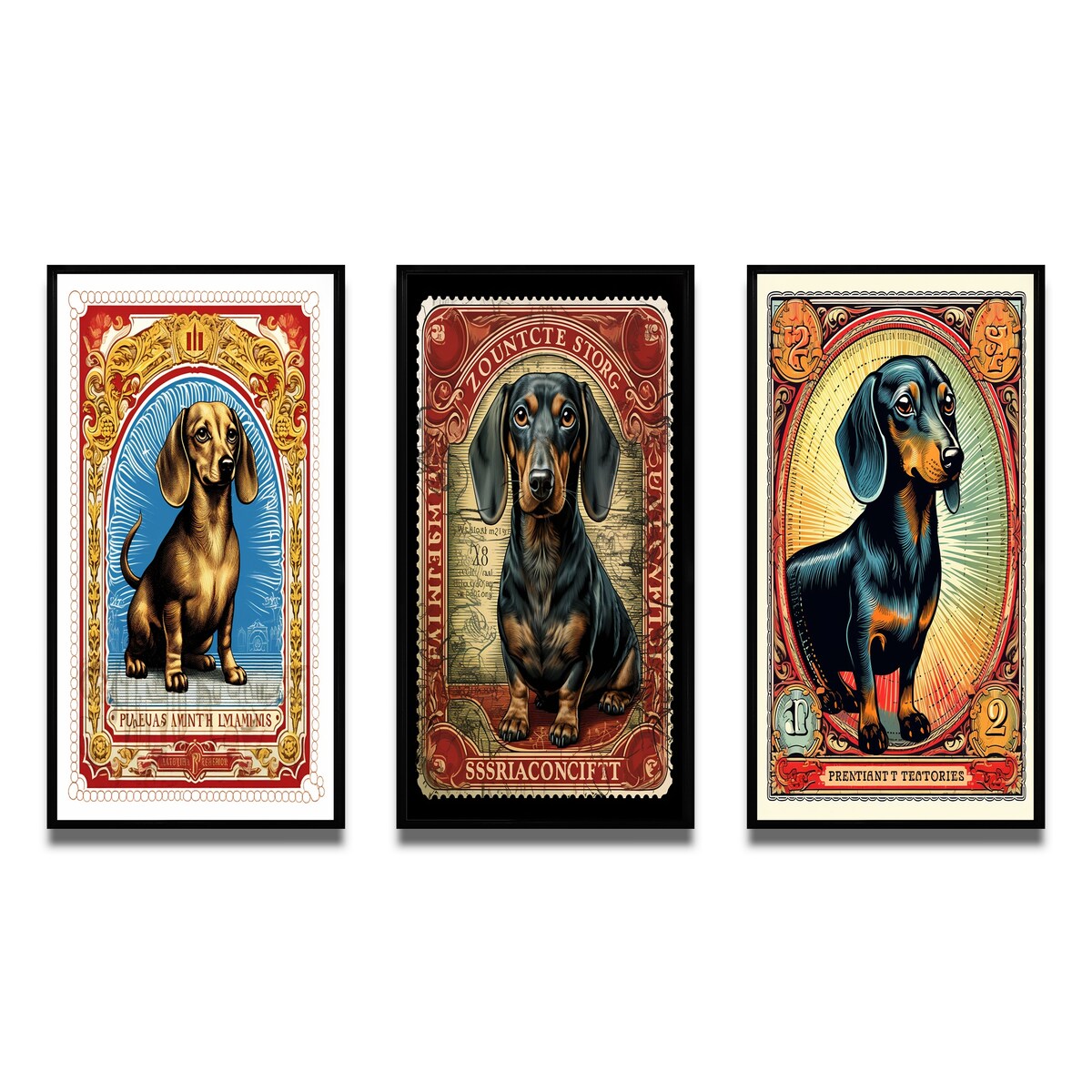 Designart "Retro Stamp Illustration Of Cute Dachshund IV" Animals Dog Daschund Frame Gallery Set Of 3 For Office Decor