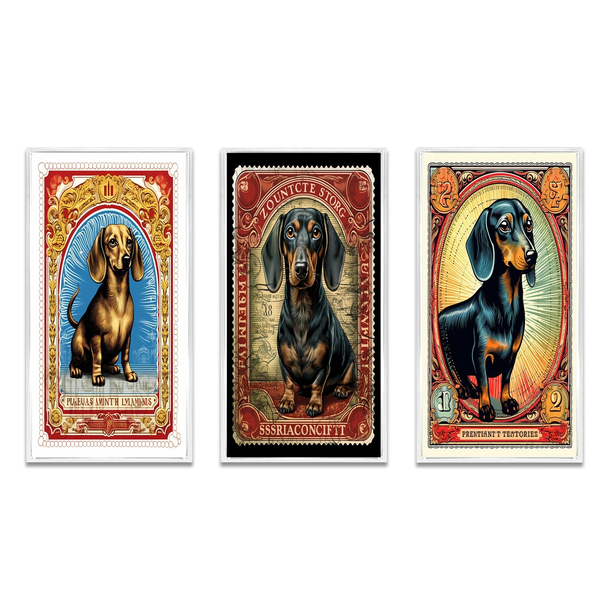 Designart "Retro Stamp Illustration Of Cute Dachshund IV" Animals Dog Daschund Frame Gallery Set Of 3 For Office Decor