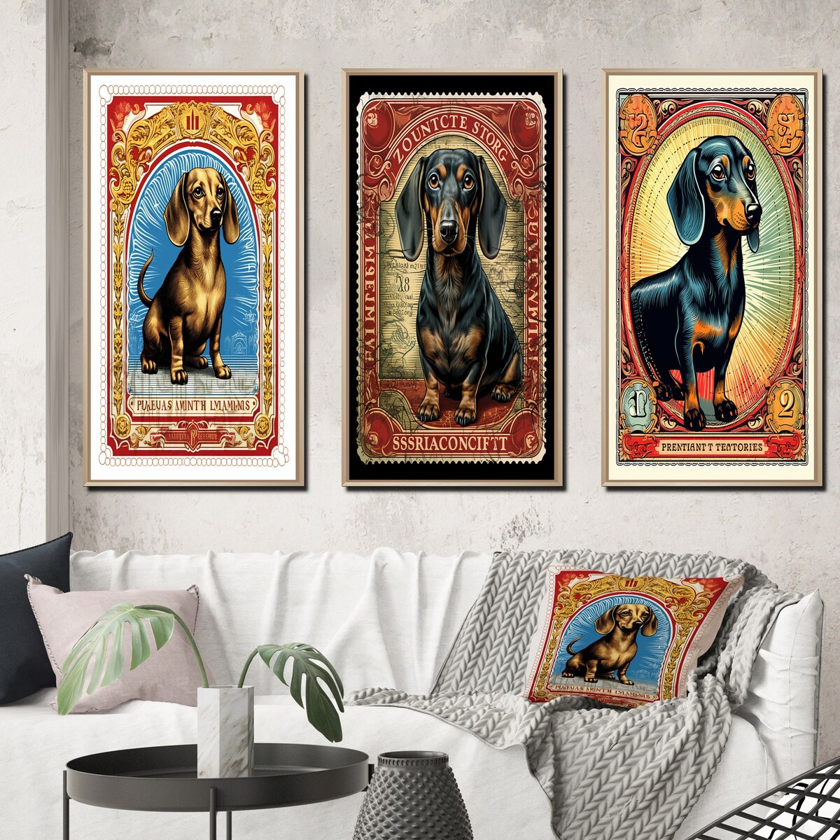 Designart "Retro Stamp Illustration Of Cute Dachshund IV" Animals Dog Daschund Frame Gallery Set Of 3 For Office Decor