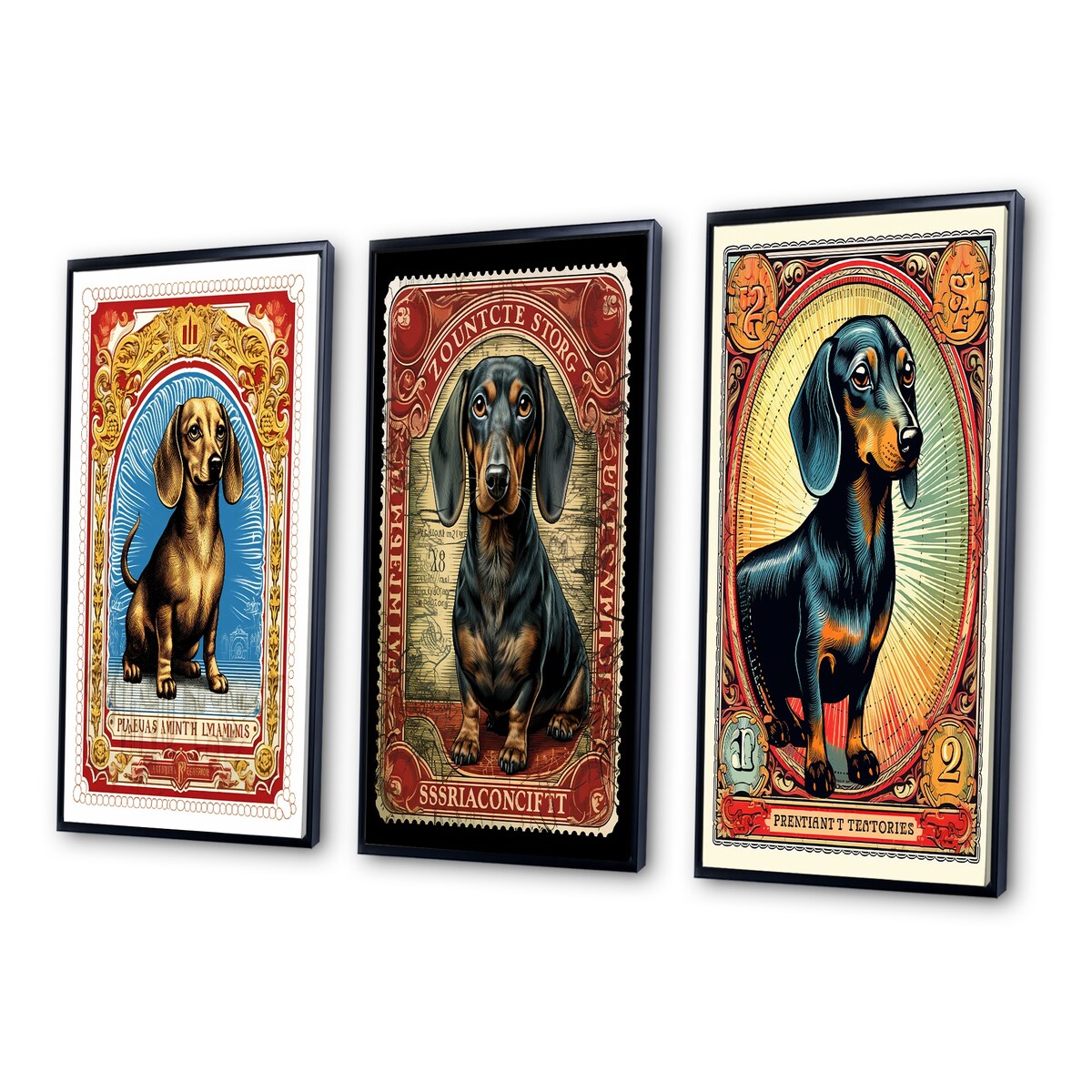 Designart "Retro Stamp Illustration Of Cute Dachshund IV" Animals Dog Daschund Frame Gallery Set Of 3 For Office Decor