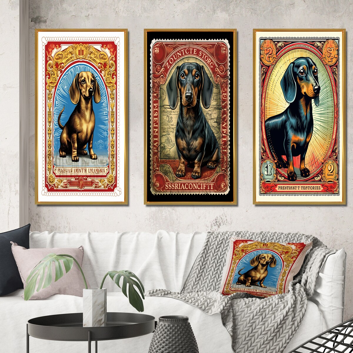 Designart "Retro Stamp Illustration Of Cute Dachshund IV" Animals Dog Daschund Frame Gallery Set Of 3 For Office Decor