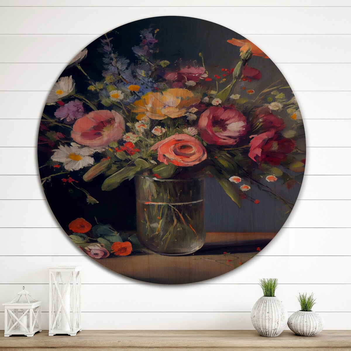 Designart "Retro Still Life With Blossoming Wildflowers II" Floral Wood Wall Art - Natural Pine Wood