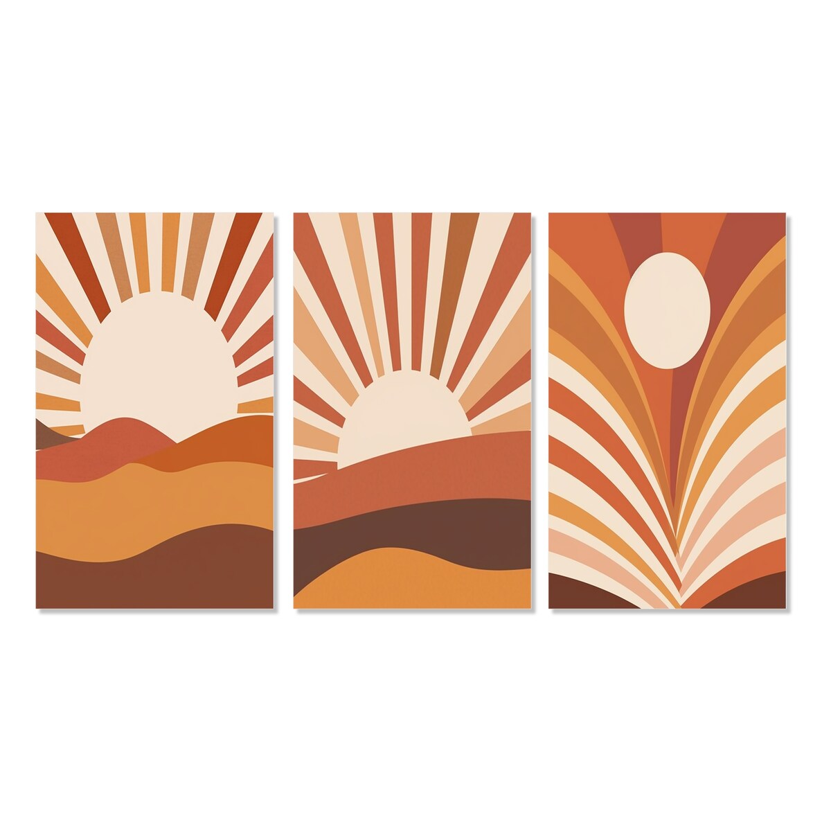Designart "Retro Terracotta Sun Midcentury Landscape II" Modern Midcentury Wall Art Set Of 3 Printed Art Set For Bedroom