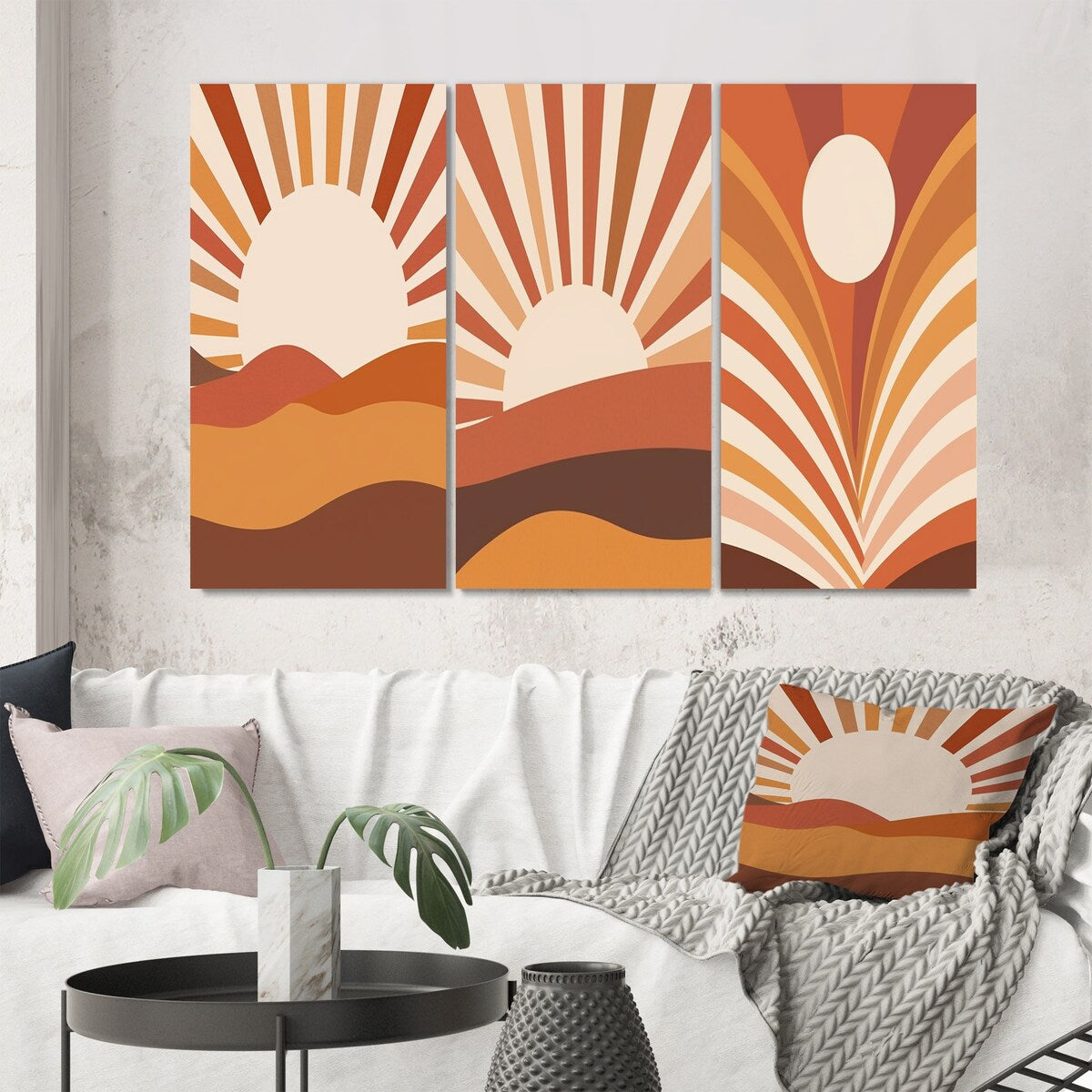 Designart "Retro Terracotta Sun Midcentury Landscape II" Modern Midcentury Wall Art Set Of 3 Printed Art Set For Bedroom