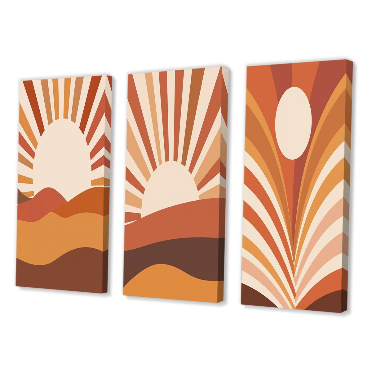 Designart "Retro Terracotta Sun Midcentury Landscape II" Modern Midcentury Wall Art Set Of 3 Printed Art Set For Bedroom