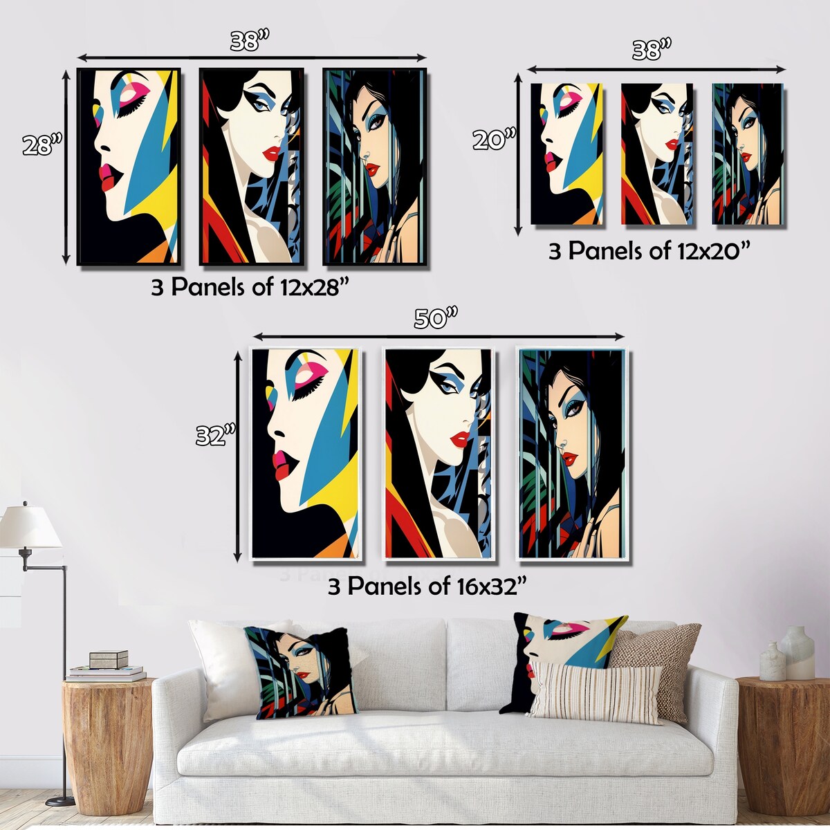 Designart "Retro Woman Portrait Pop art VI" Woman Pop Art Wall Art Set Of 3 - Glam Printed Art Set For Bedroom