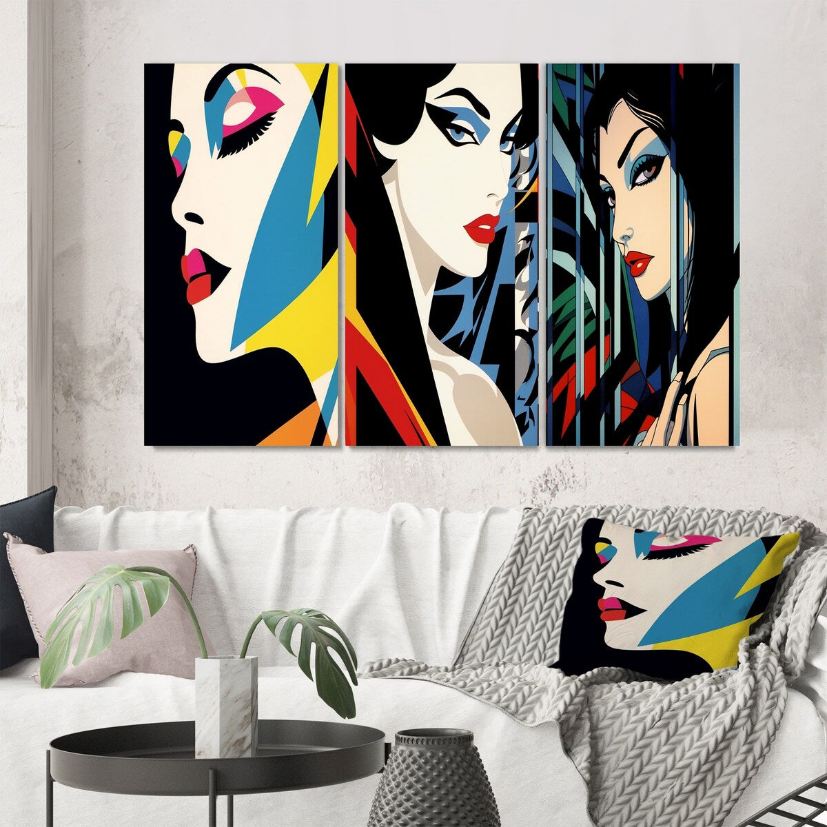 Designart "Retro Woman Portrait Pop art VI" Woman Pop Art Wall Art Set Of 3 - Glam Printed Art Set For Bedroom