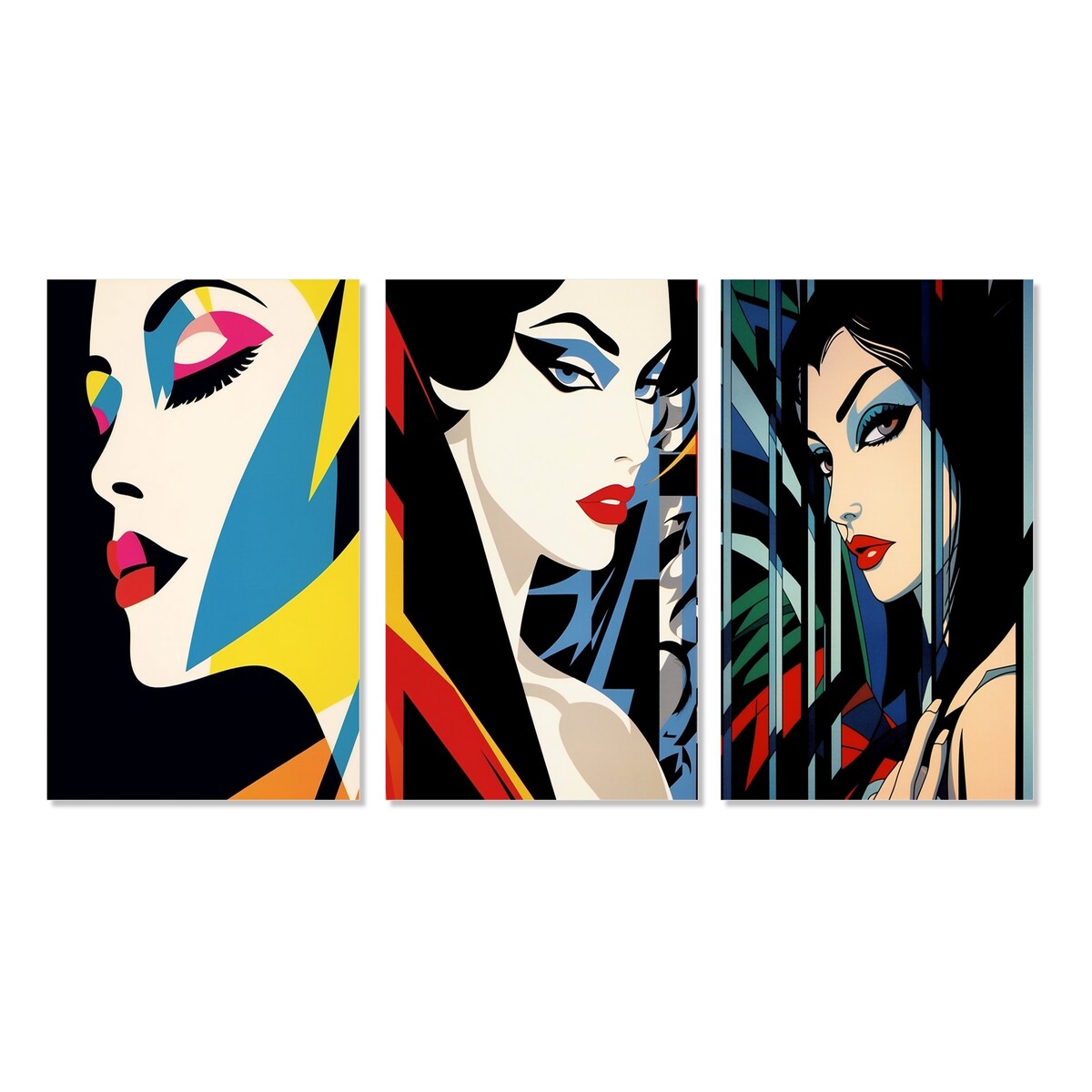 Designart "Retro Woman Portrait Pop art VI" Woman Pop Art Wall Art Set Of 3 - Glam Printed Art Set For Bedroom