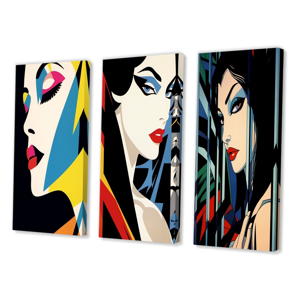Designart "Retro Woman Portrait Pop art VI" Woman Pop Art Wall Art Set Of 3 - Glam Printed Art Set For Bedroom