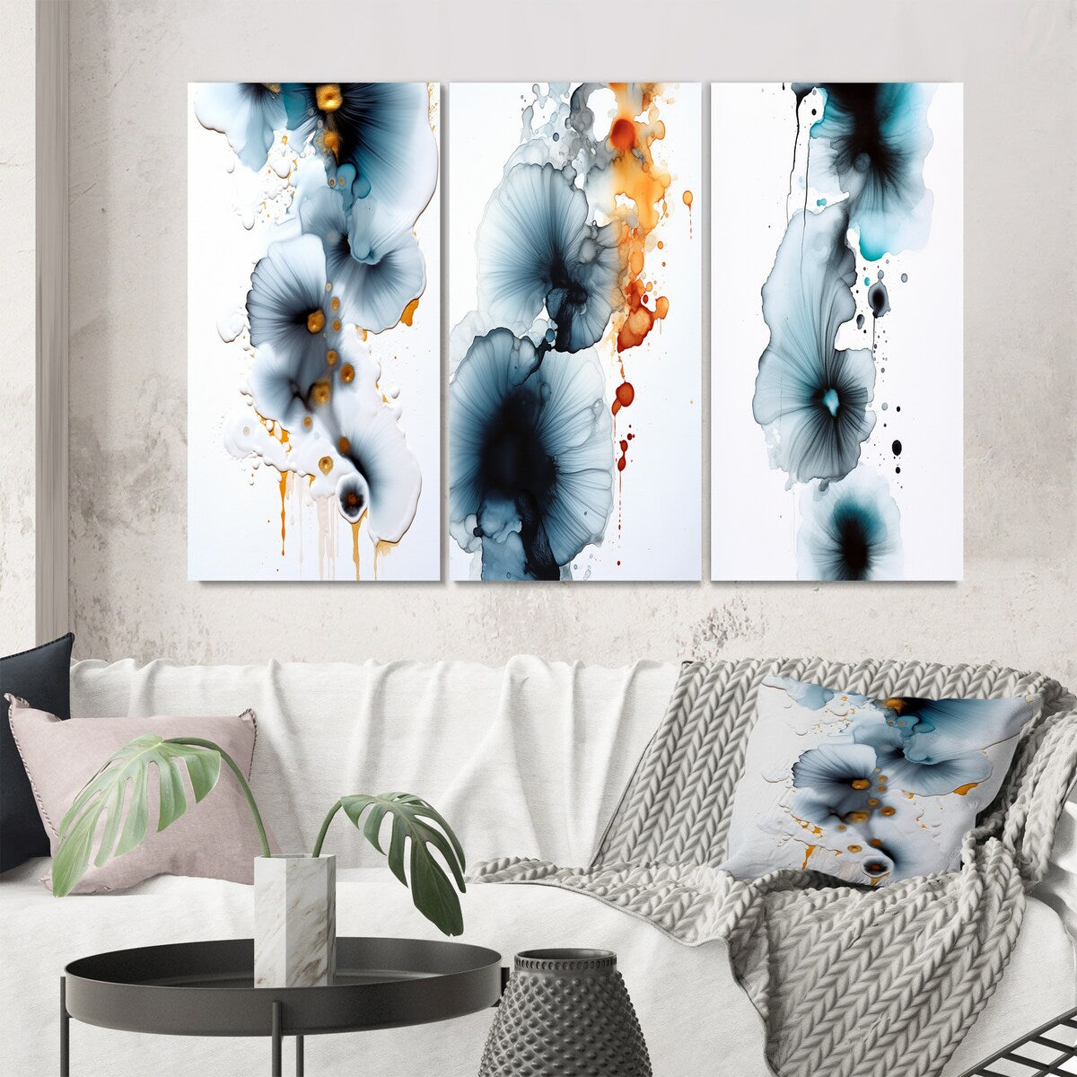 Designart "Rhapsody In Heartbeat Turquoise Gold Ink Cloud III" Abstract Painting Printed Art Set Of 3 For Bedroom