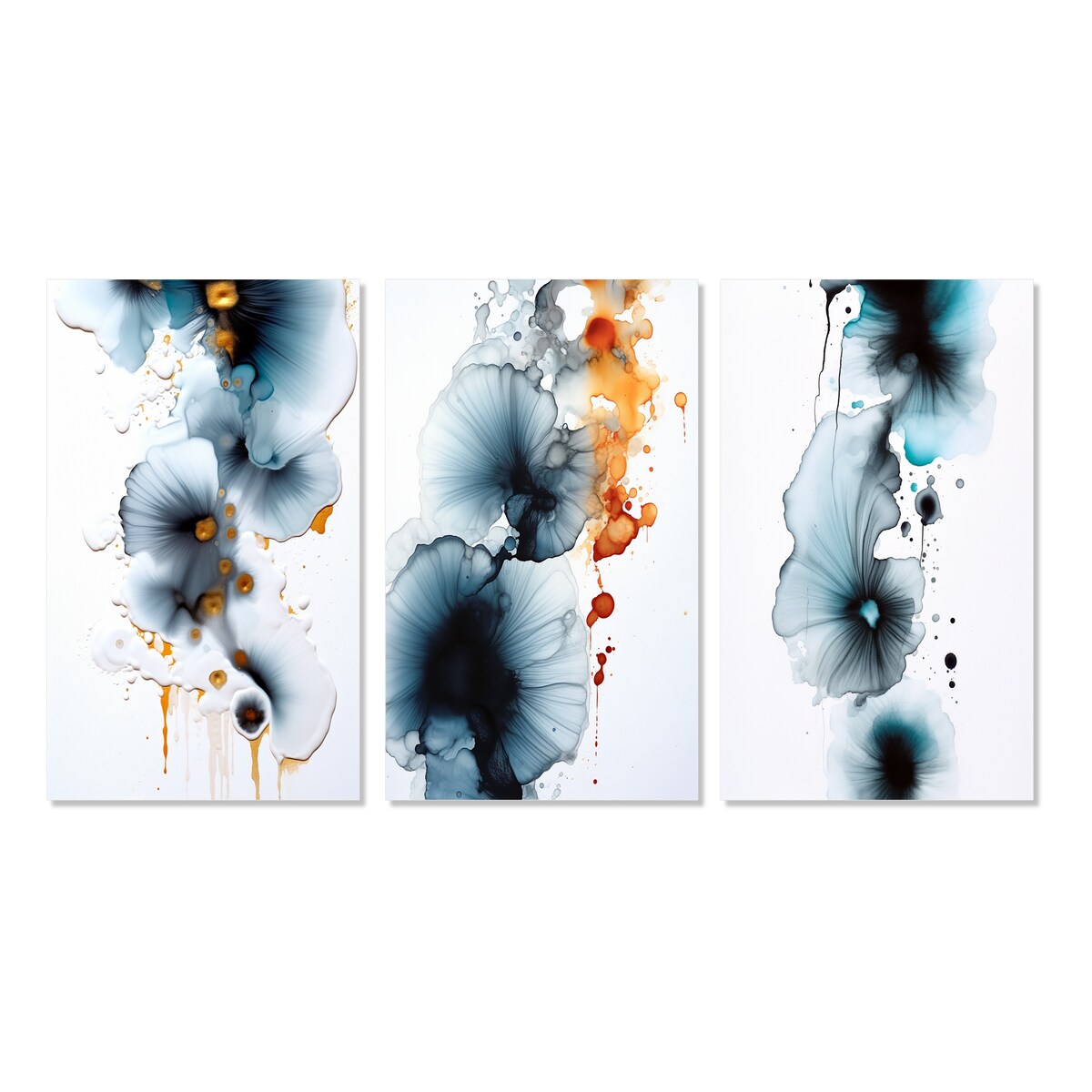 Designart "Rhapsody In Heartbeat Turquoise Gold Ink Cloud III" Abstract Painting Printed Art Set Of 3 For Bedroom