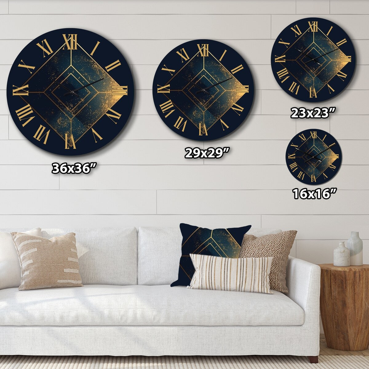 Designart "Rhombus In Deep Blue And Gold Abstract V" Modern Geometric Oversized Wall Clock