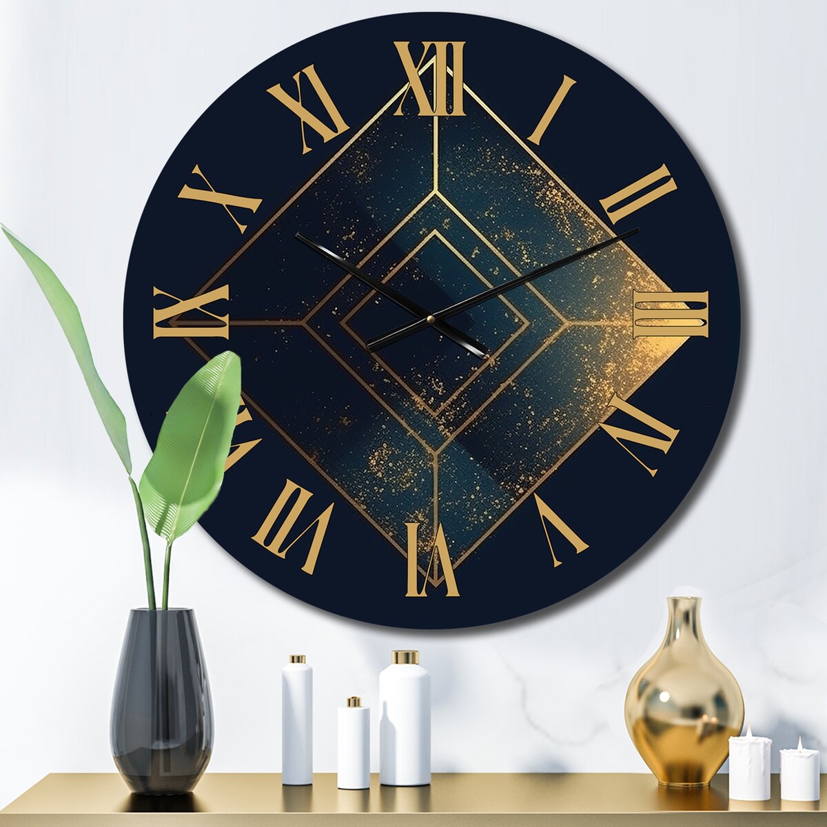 Designart "Rhombus In Deep Blue And Gold Abstract V" Modern Geometric Oversized Wall Clock