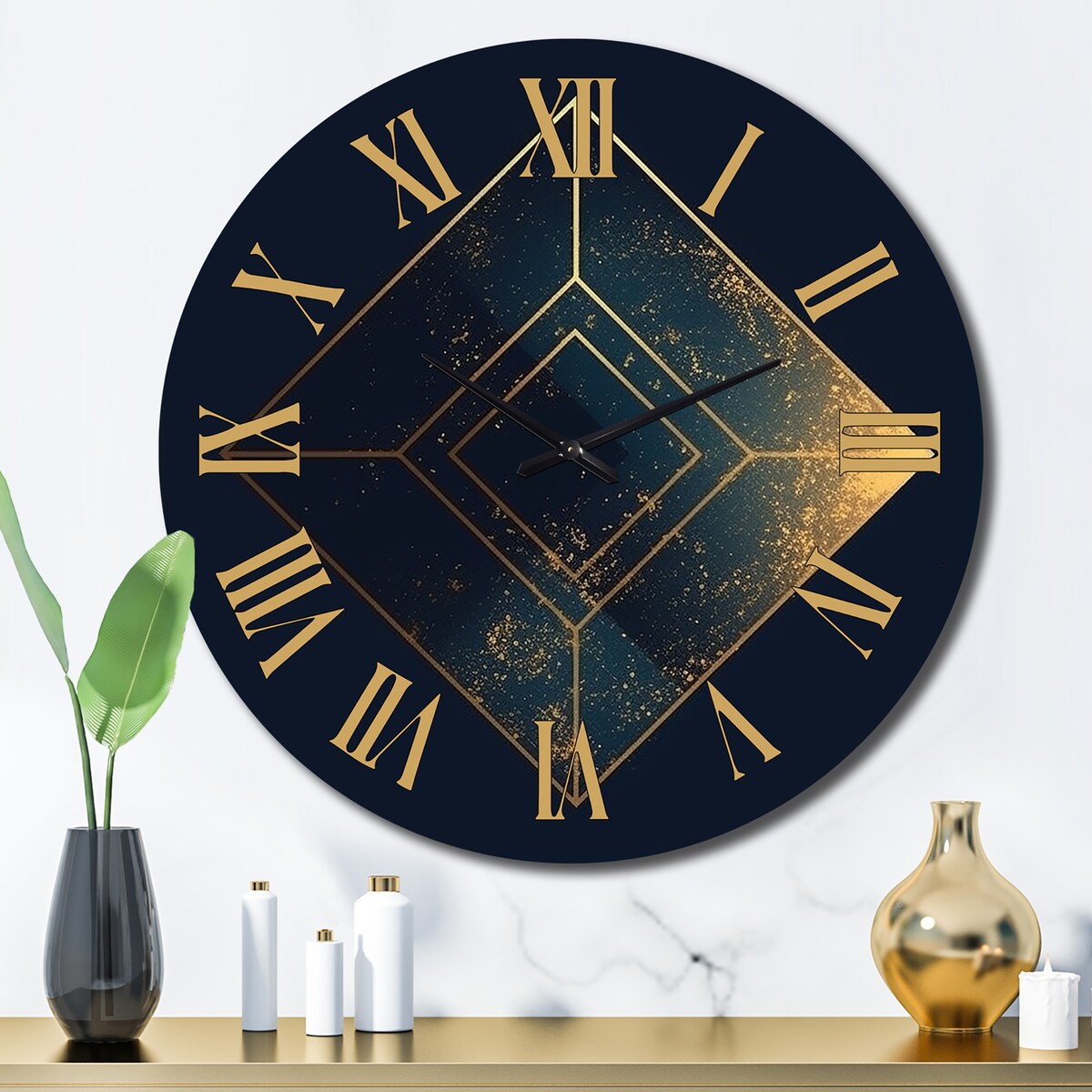 Designart "Rhombus In Deep Blue And Gold Abstract V" Modern Geometric Oversized Wall Clock