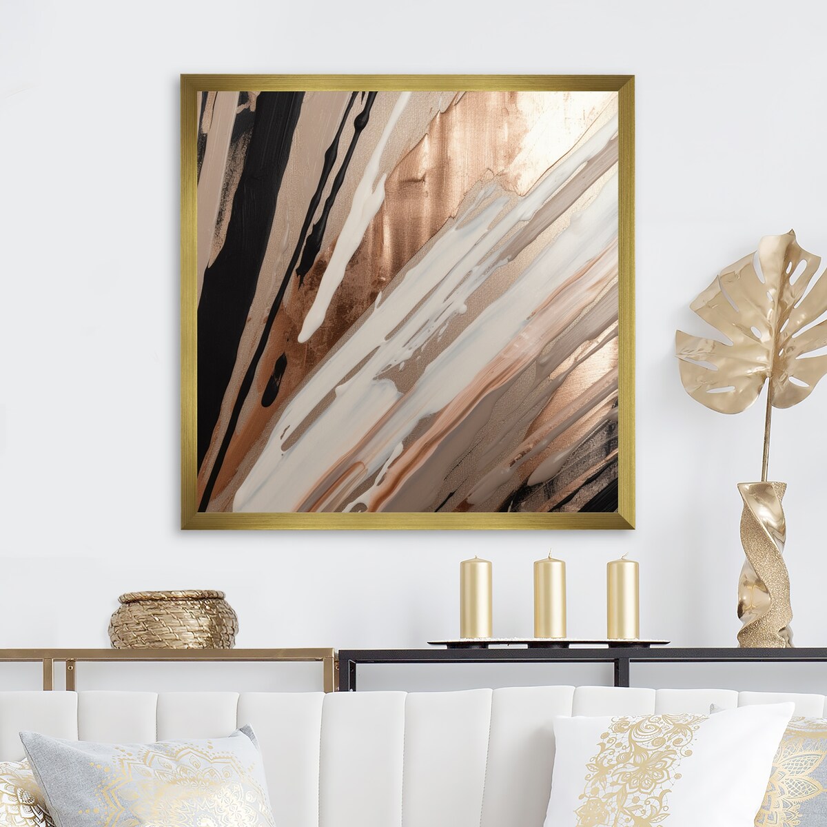 Designart "Rosegold Embracing Essence Of Lines V" Abstract Marble Framed Wall Art For Living Room