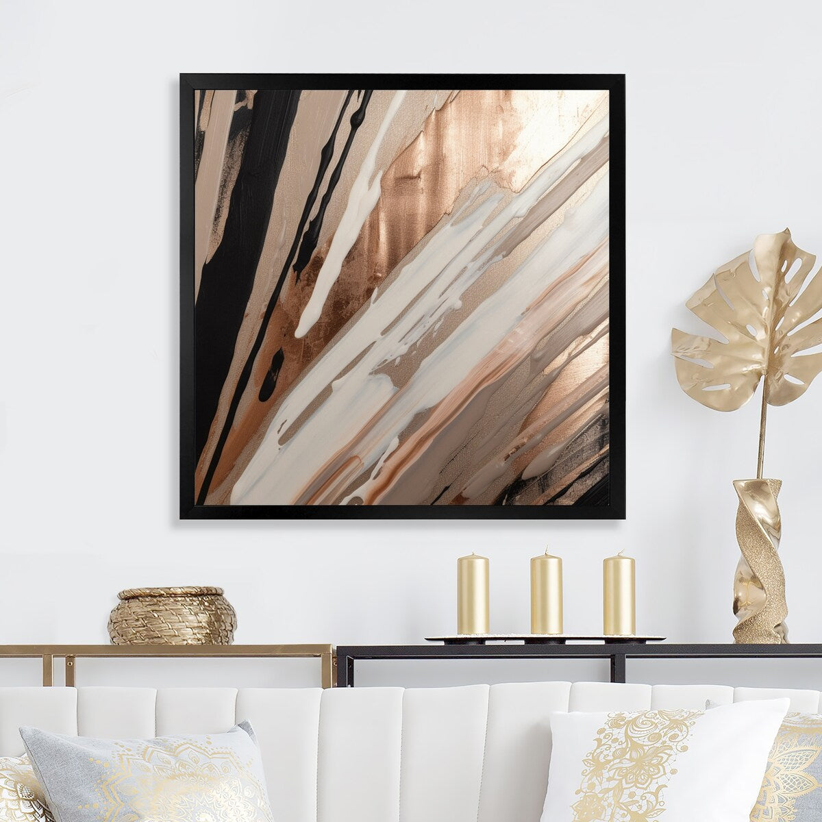 Designart "Rosegold Embracing Essence Of Lines V" Abstract Marble Framed Wall Art For Living Room