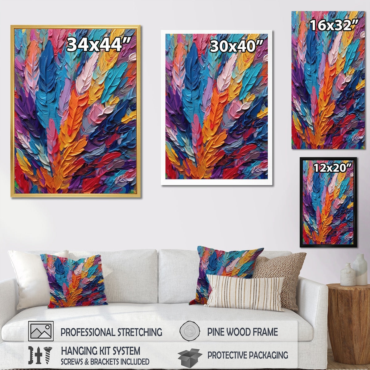 Designart "Rough Texture Colorful Feathers Painting I" Feathers Framed Canvas Art Print