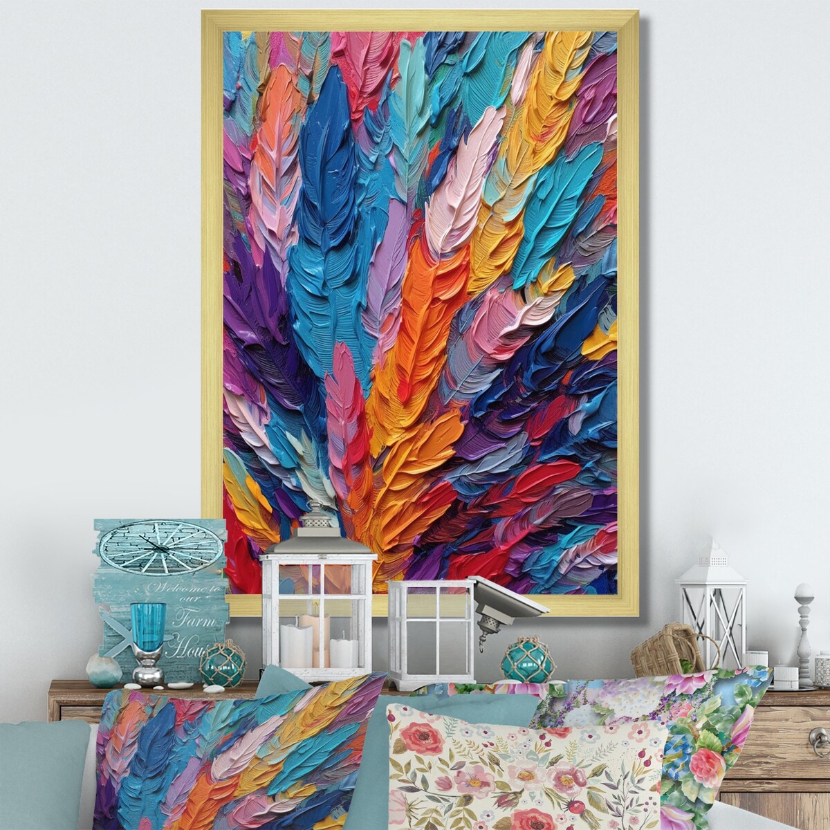 Designart "Rough Texture Colorful Feathers Painting I" Feathers Framed Canvas Art Print