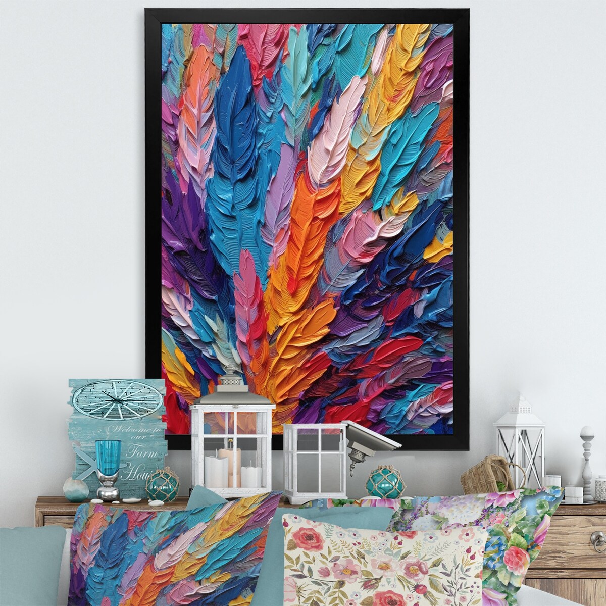 Designart "Rough Texture Colorful Feathers Painting I" Feathers Framed Canvas Art Print