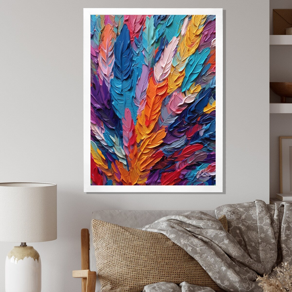 Designart "Rough Texture Colorful Feathers Painting I" Feathers Framed Canvas Art Print