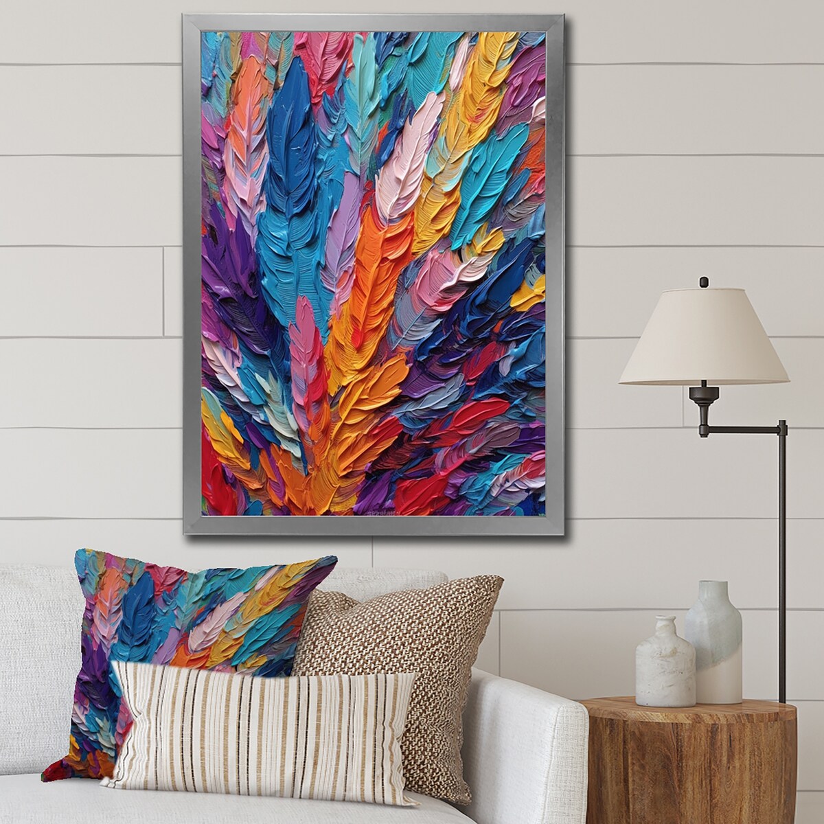 Designart "Rough Texture Colorful Feathers Painting I" Feathers Framed Canvas Art Print
