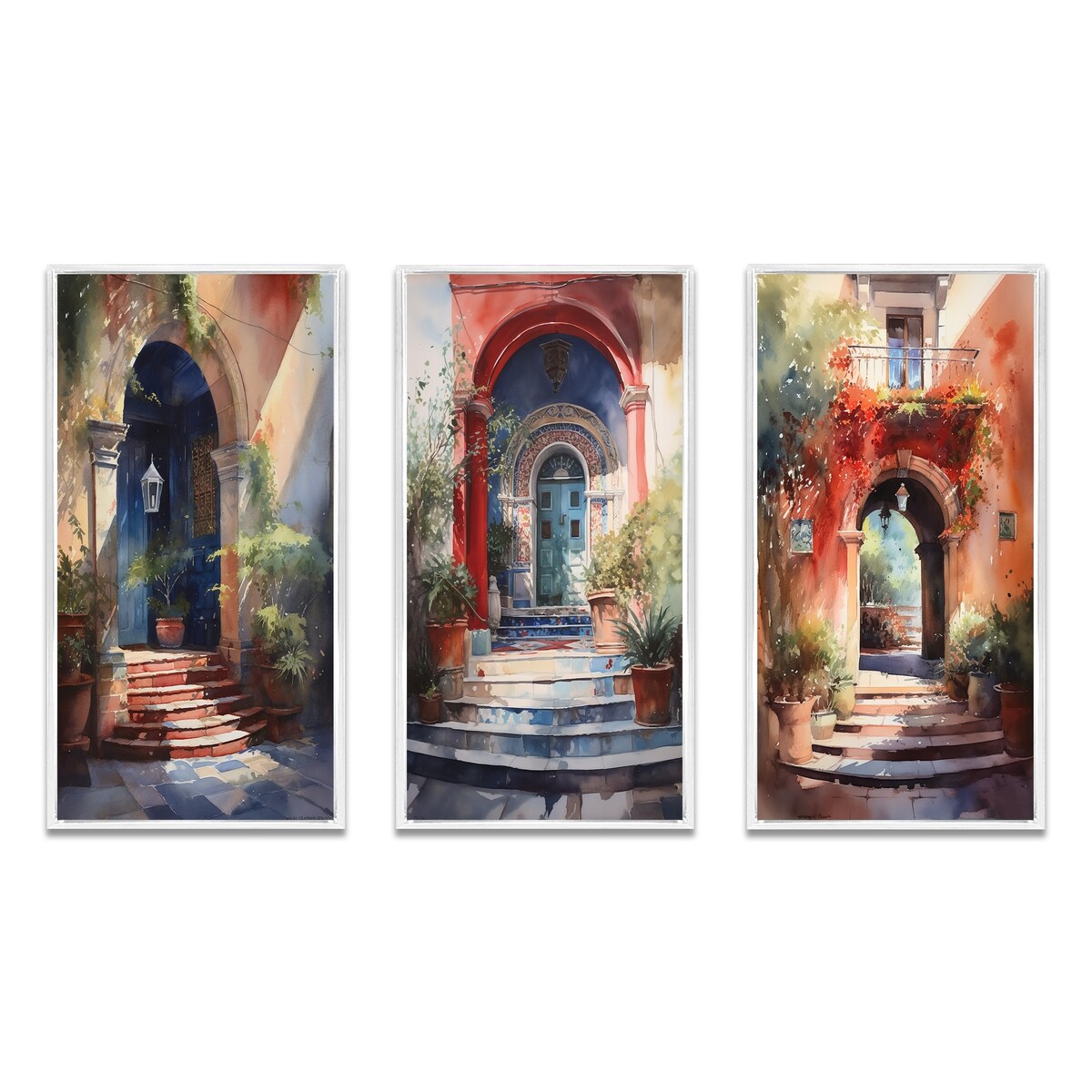 Designart "Rustic Stairway Entrance To Country Cottage III" Farm Framed Wall Art Set Of 3 - Country For Office Decor