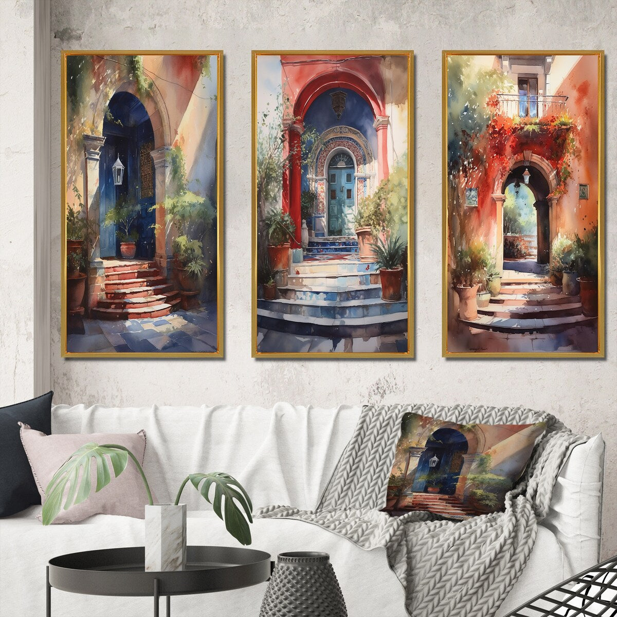 Designart "Rustic Stairway Entrance To Country Cottage III" Farm Framed Wall Art Set Of 3 - Country For Office Decor
