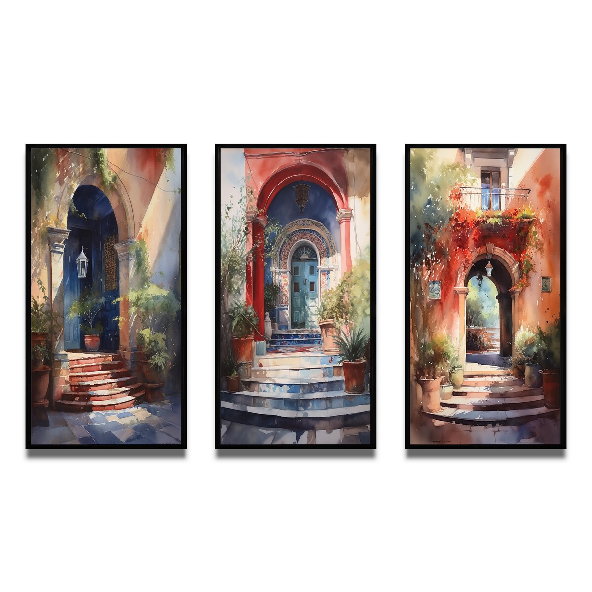 Designart "Rustic Stairway Entrance To Country Cottage III" Farm Framed Wall Art Set Of 3 - Country For Office Decor