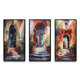 Designart "Rustic Stairway Entrance To Country Cottage III" Farm Framed Wall Art Set Of 3 - Country For Office Decor