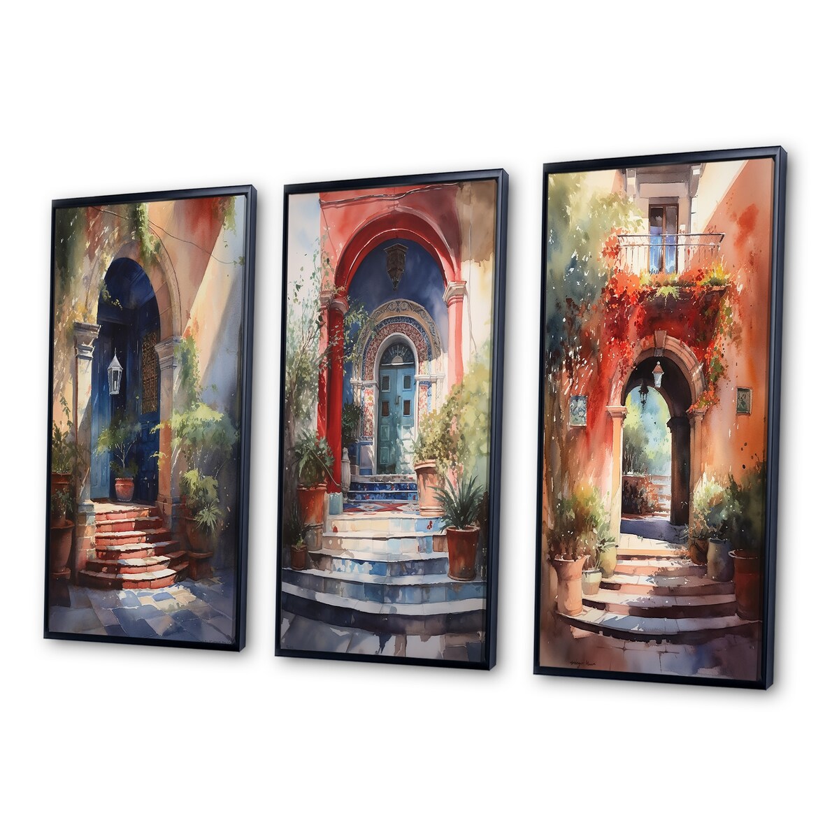 Designart "Rustic Stairway Entrance To Country Cottage III" Farm Framed Wall Art Set Of 3 - Country For Office Decor