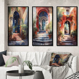 Designart "Rustic Stairway Entrance To Country Cottage III" Farm Framed Wall Art Set Of 3 - Country For Office Decor