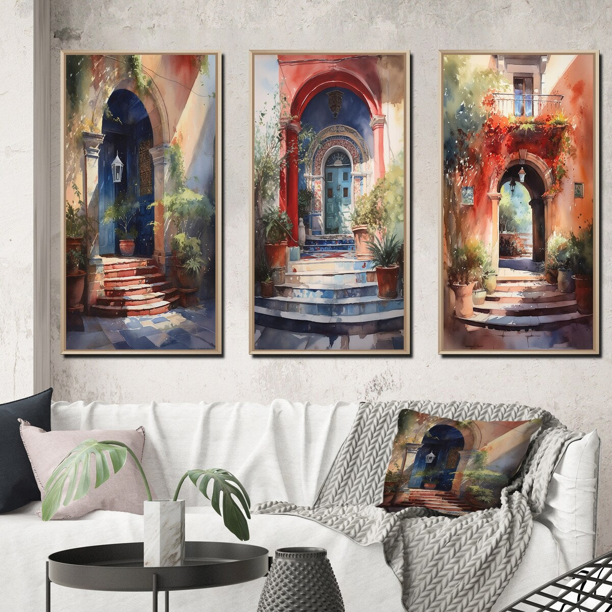 Designart "Rustic Stairway Entrance To Country Cottage III" Farm Framed Wall Art Set Of 3 - Country For Office Decor