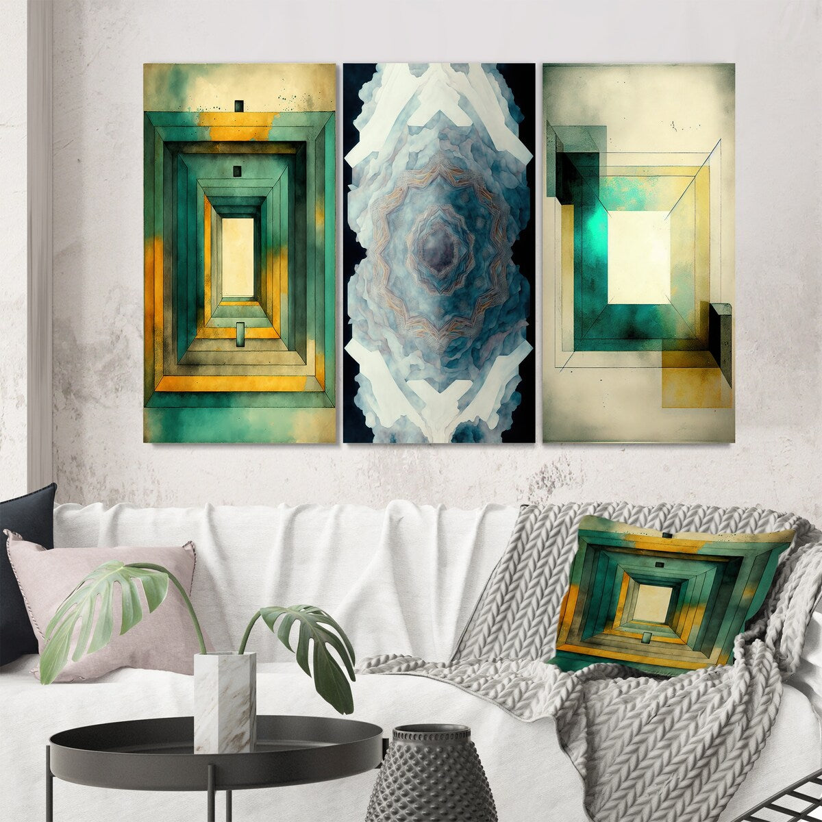 Designart "Sacred Geometry In Vintage Color Tones I" Modern Geometric Beige - Canvas Set Of 3 For Living Room Decor