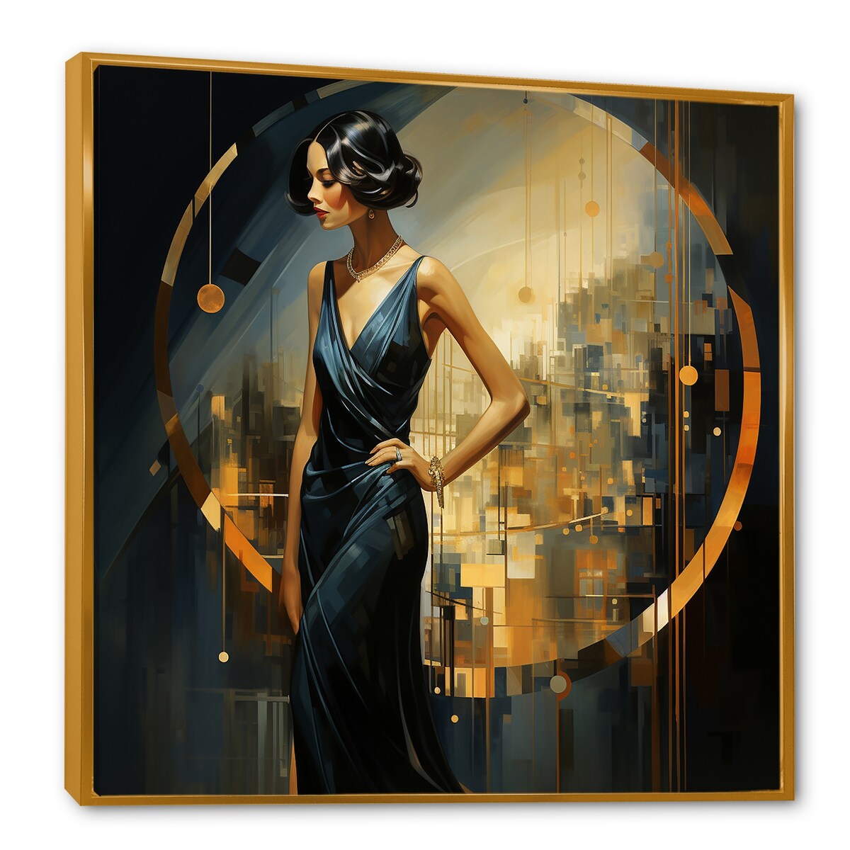 Designart "Sapphire And Gold Woman Elegance III" Woman Black Wall Decor - Modern Entryway Framed Wall Art Print