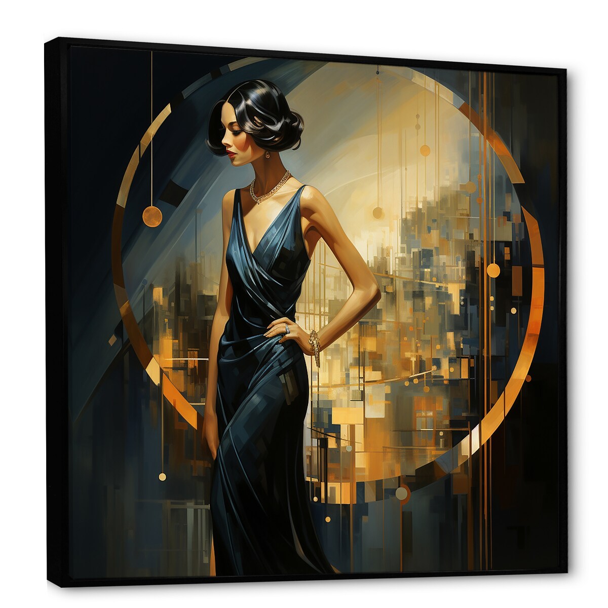 Designart "Sapphire And Gold Woman Elegance III" Woman Black Wall Decor - Modern Entryway Framed Wall Art Print