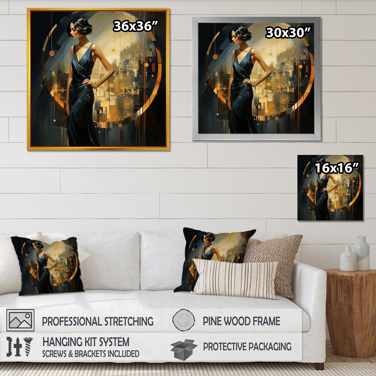 Designart "Sapphire And Gold Woman Elegance III" Woman Black Wall Decor - Modern Entryway Framed Wall Art Print